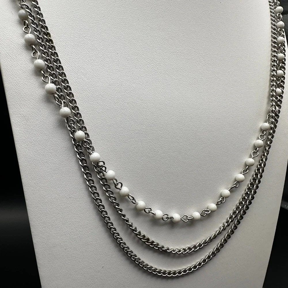 Vintage 90s White Bead Multi Strand Silver Tone Chain Necklace Layered Jewelry